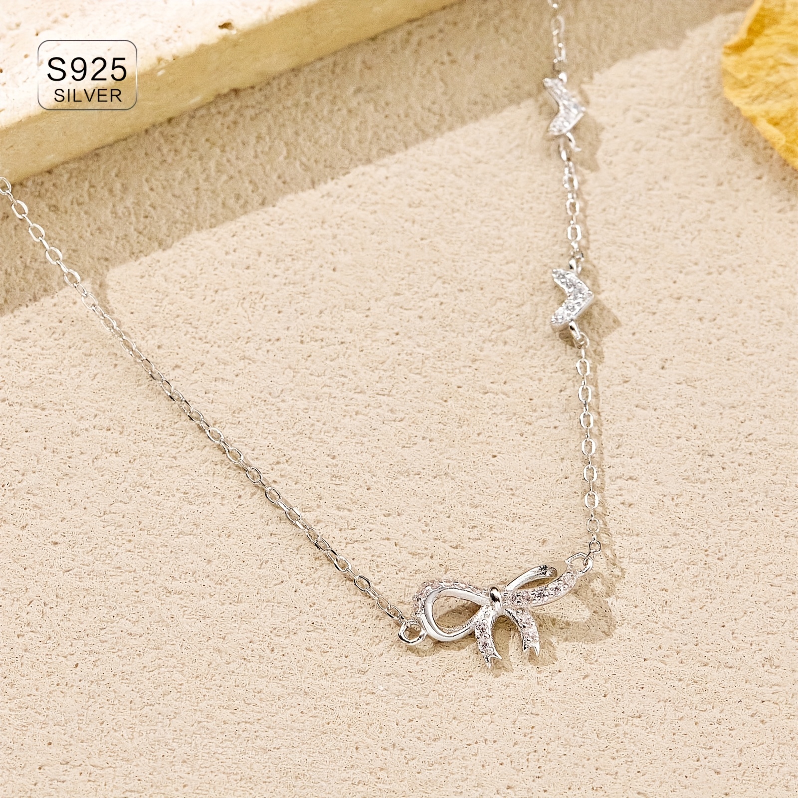 56g Zirconia Bowknot Necklace 925 Silver Heart Jewelry